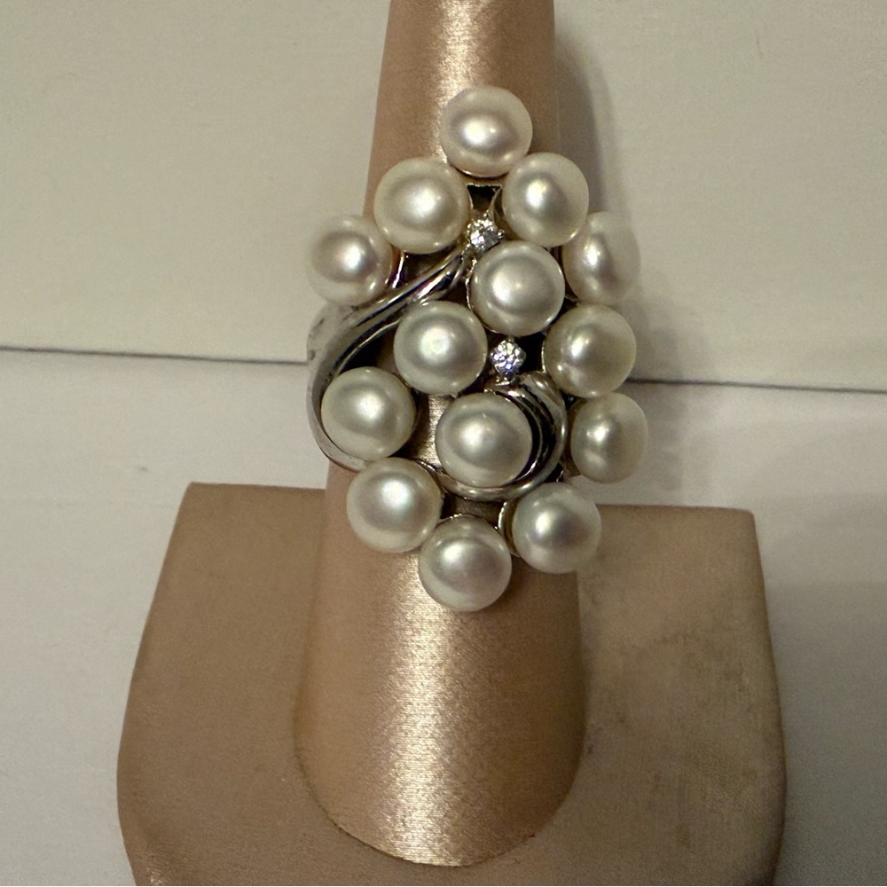 CGI CN RING SILVER PLATE WHITE FRESHWATER PEARLS CZ CUBIC ZIRCONIA SIZE 7